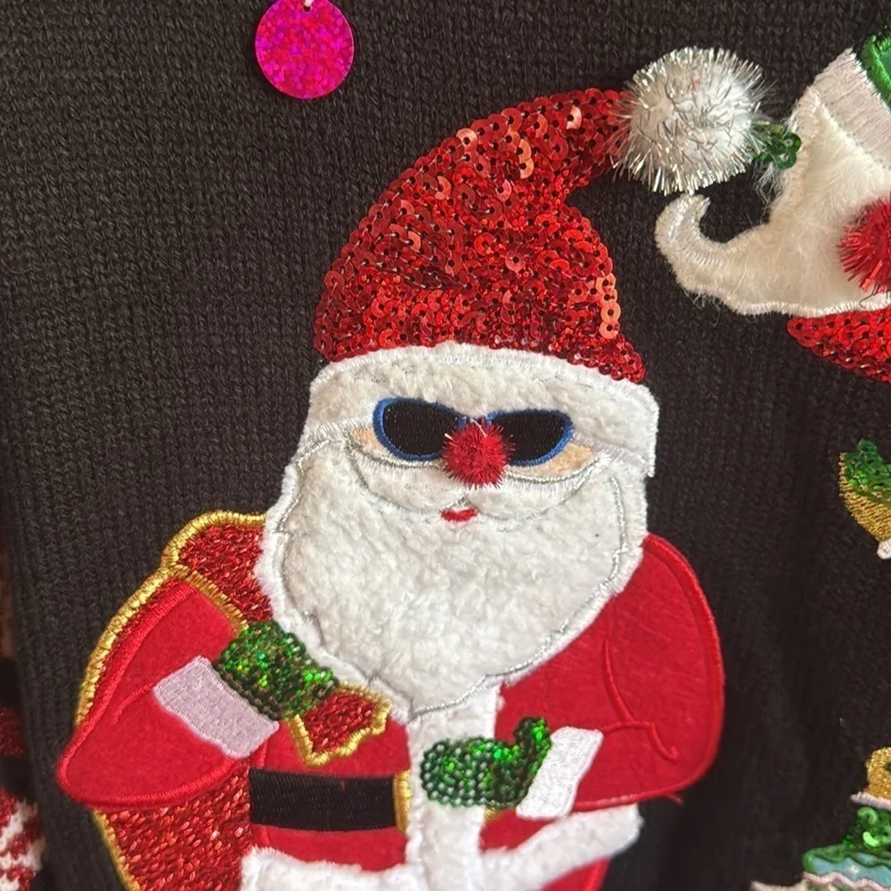 Festive Christmas Sweater with Santa and Elves Womens Size Medium Glam Xmas Top